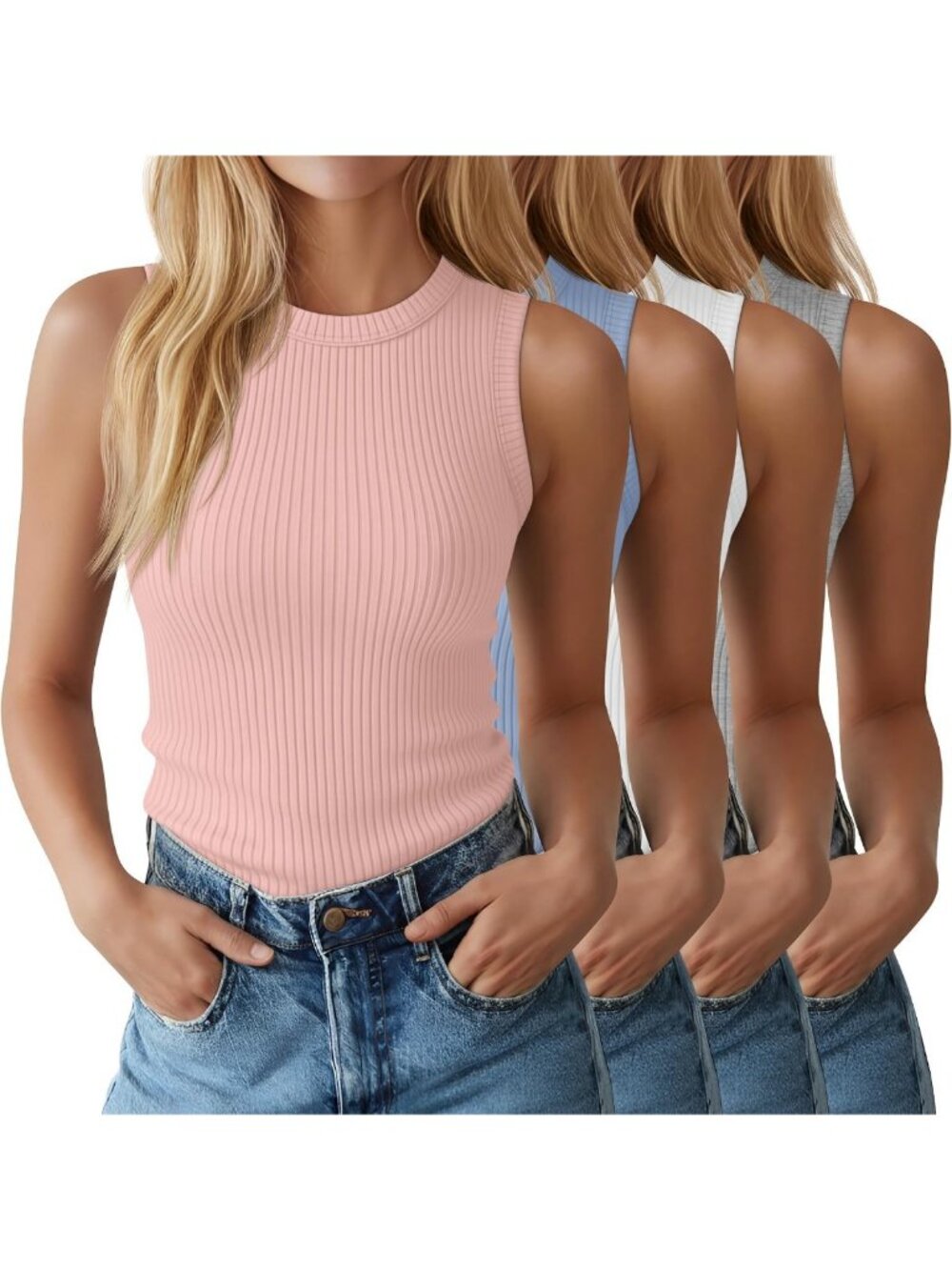 4 Pack Cotton Ribbed Tank Tops for Women | Slim Fit Crew Neck Sleeveless Shirts